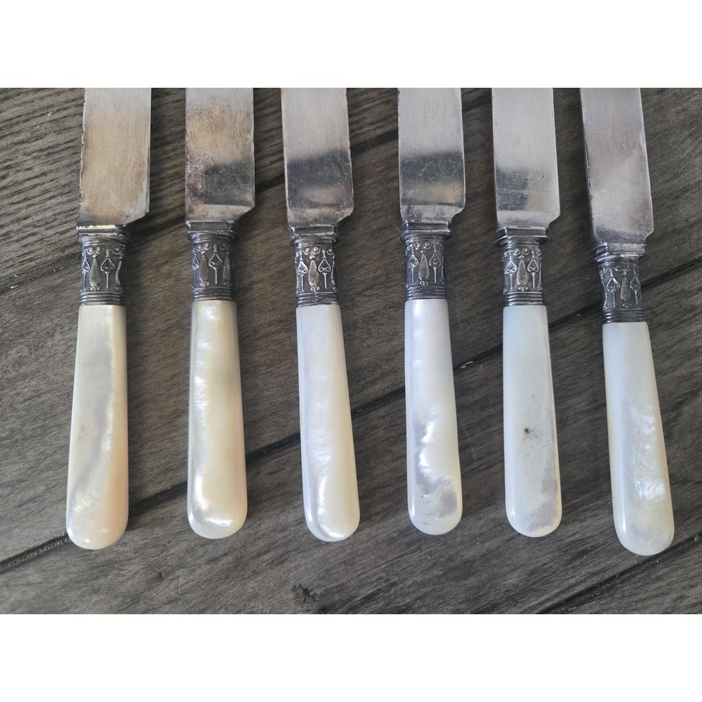 Antique J. Russell & Co. Butter Knives Set of 6 Mother of Pearl 1834 Spreaders - Picture 7 of 10